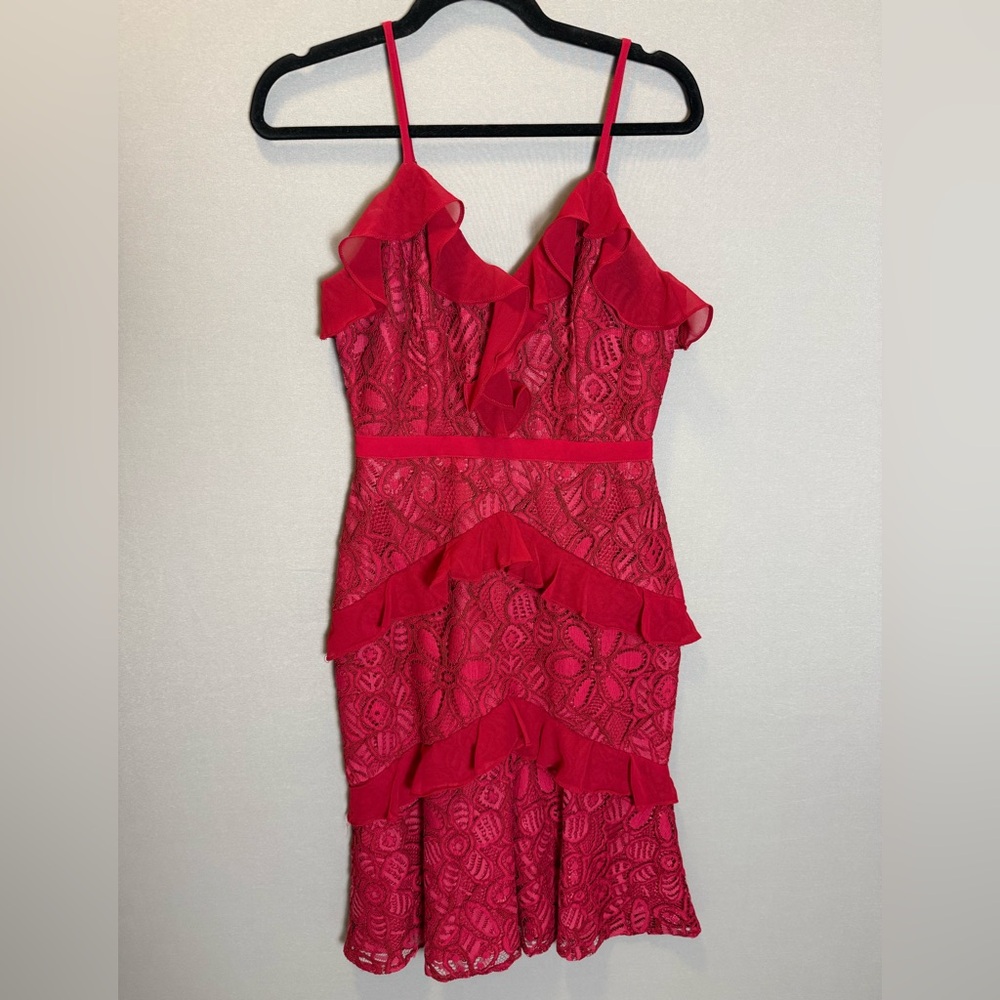 Adelyn Rae Red Lace Ruffle Midi Dress